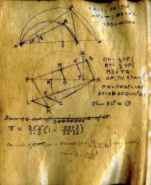 Page from Srinivasa Ramanujan's notebook (c. 1913) showing his geometric construction for approximately squaring the circle, with a semicircle on MM′.