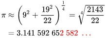 Ramanujan's quartic approximation to π, π ≈ (9² + 19²/22)^(1/4), as it appears in his 1914 paper.